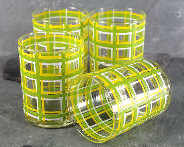 Set of 4 Vintage Mid-Century Old Fashioned Glasses | 12 Oz Glasses | Green Yellow & White Plaid Patterned Low Ball Glasses | Rocks Glasses