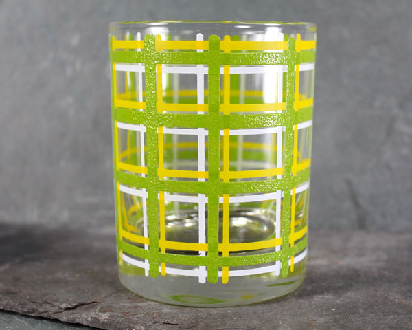 Set of 4 Vintage Mid-Century Old Fashioned Glasses | 12 Oz Glasses | Green Yellow & White Plaid Patterned Low Ball Glasses | Rocks Glasses