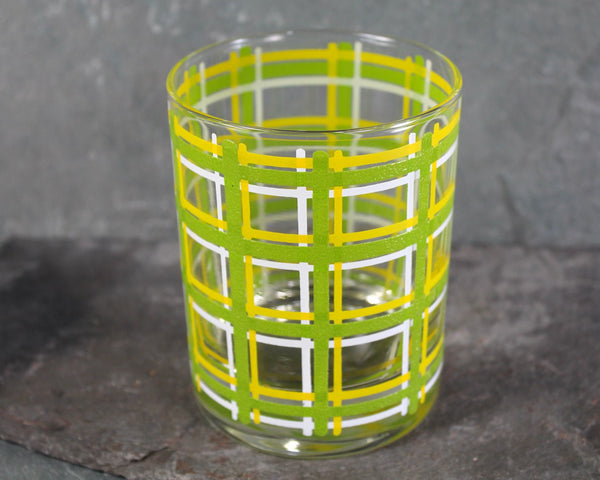 Set of 4 Vintage Mid-Century Old Fashioned Glasses | 12 Oz Glasses | Green Yellow & White Plaid Patterned Low Ball Glasses | Rocks Glasses