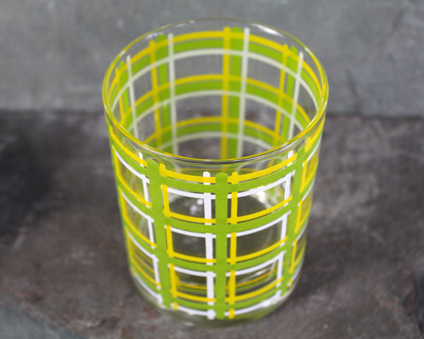 Set of 4 Vintage Mid-Century Old Fashioned Glasses | 12 Oz Glasses | Green Yellow & White Plaid Patterned Low Ball Glasses | Rocks Glasses