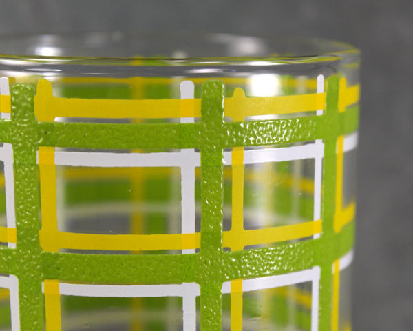 Set of 4 Vintage Mid-Century Old Fashioned Glasses | 12 Oz Glasses | Green Yellow & White Plaid Patterned Low Ball Glasses | Rocks Glasses