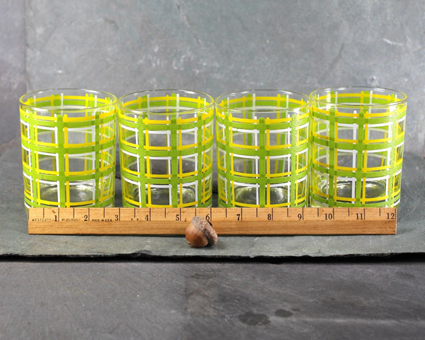Set of 4 Vintage Mid-Century Old Fashioned Glasses | 12 Oz Glasses | Green Yellow & White Plaid Patterned Low Ball Glasses | Rocks Glasses