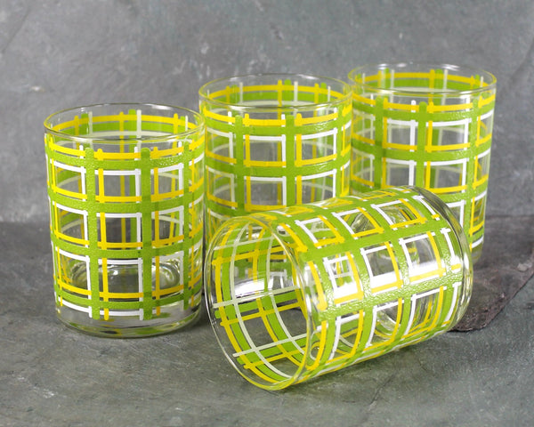 Set of 4 Vintage Mid-Century Old Fashioned Glasses | 12 Oz Glasses | Green Yellow & White Plaid Patterned Low Ball Glasses | Rocks Glasses