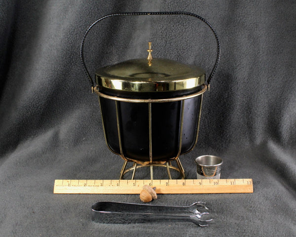 Vintage Pyrex Ice  Ice Bucket on Gold Metal Stand | Ice Bucket with Ice Tongs & Shot Glass | Mid-Century Ice Bucket