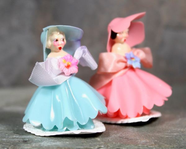 Mid Century Mini Cake Toppers | Set of 2 Pink and Blue Plastic Ladies in Gowns and Hats | Perfect for Gender Reveal Party | Baby Shower