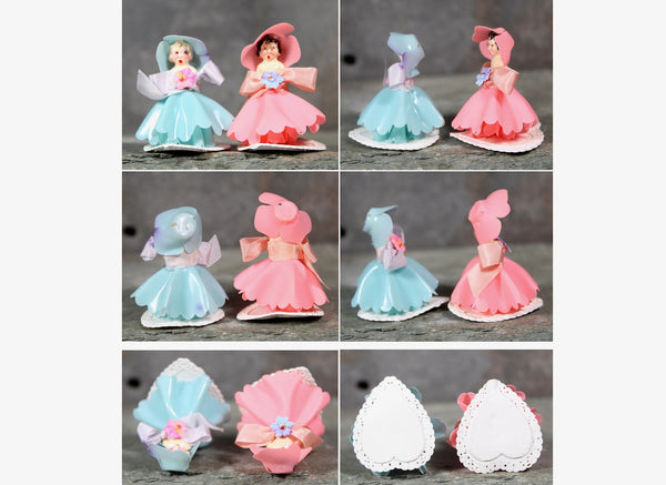 Mid Century Mini Cake Toppers | Set of 2 Pink and Blue Plastic Ladies in Gowns and Hats | Perfect for Gender Reveal Party | Baby Shower