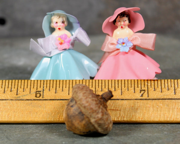 Mid Century Mini Cake Toppers | Set of 2 Pink and Blue Plastic Ladies in Gowns and Hats | Perfect for Gender Reveal Party | Baby Shower