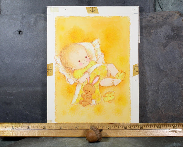 VERY RARE! ORIGINAL Gouache Painting by Artist Fran Ju | 1960s Original Rust Craft Greeting Card Art | Baby in Yellow with Bunny