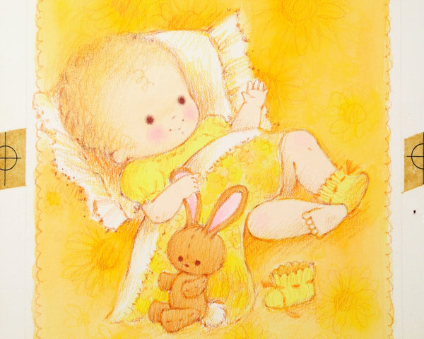 VERY RARE! ORIGINAL Gouache Painting by Artist Fran Ju | 1960s Original Rust Craft Greeting Card Art | Baby in Yellow with Bunny
