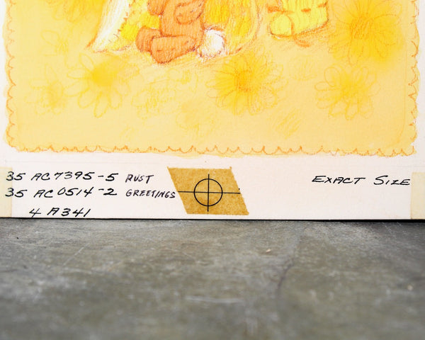 VERY RARE! ORIGINAL Gouache Painting by Artist Fran Ju | 1960s Original Rust Craft Greeting Card Art | Baby in Yellow with Bunny