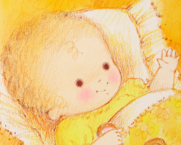 VERY RARE! ORIGINAL Gouache Painting by Artist Fran Ju | 1960s Original Rust Craft Greeting Card Art | Baby in Yellow with Bunny