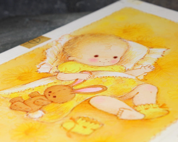 VERY RARE! ORIGINAL Gouache Painting by Artist Fran Ju | 1960s Original Rust Craft Greeting Card Art | Baby in Yellow with Bunny