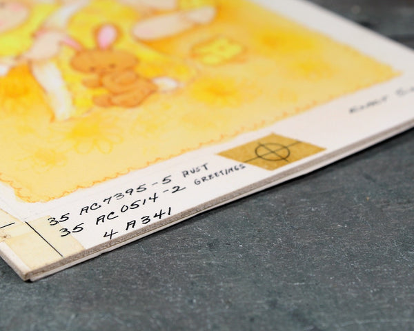 VERY RARE! ORIGINAL Gouache Painting by Artist Fran Ju | 1960s Original Rust Craft Greeting Card Art | Baby in Yellow with Bunny