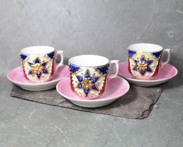 German Pink Molded Pink Lustreware Cups & Saucers Set of 3 | Ornate Star of David Flower Antique Gold Pink Lusterware | Bixley Shop