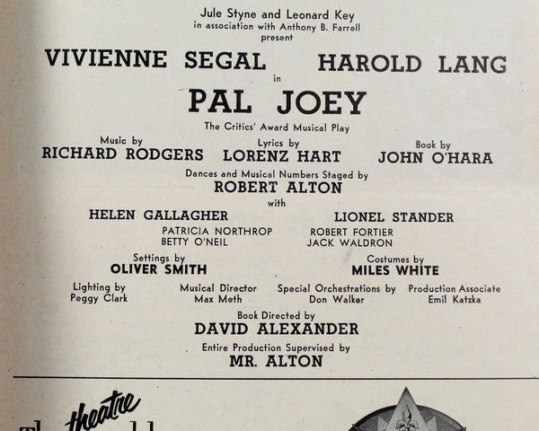 Pal Joey 1952 Playbill from Broadway | Monday, June 9, 1952 | Vintage Broadway Memorabilia
