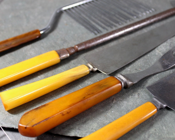 11 Stainless Knives and Servers | Stainless Blades with Tortoise Shell Swirl Handles | Bakelite Cheese Knives | Holiday Table | Bixley Shop