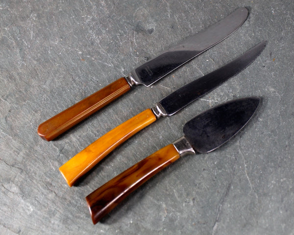 11 Stainless Knives and Servers | Stainless Blades with Tortoise Shell Swirl Handles | Bakelite Cheese Knives | Holiday Table | Bixley Shop
