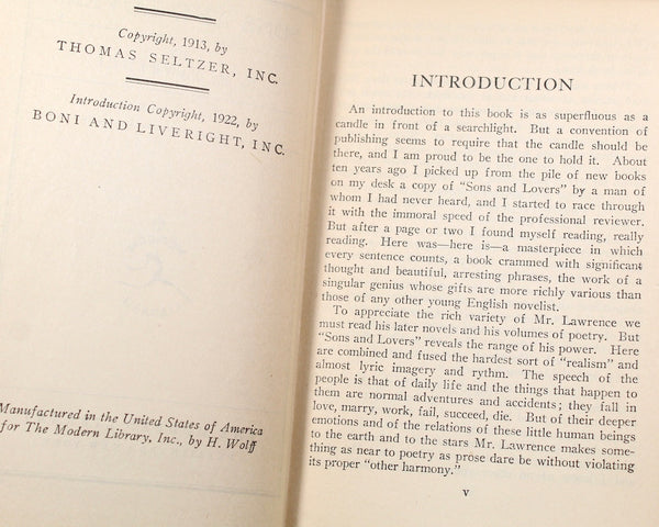 1922 Modern Library Edition of D.H. Lawrence's Sons & Lovers | Antique Novel | Boni Liveright | John Macy