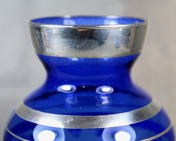 Vintage Cobalt Blue Small Vase with Silver Overlay | Cobalt Vase with Venetian Scene in Silver | 8 Ounce Vase | Bixley Shop