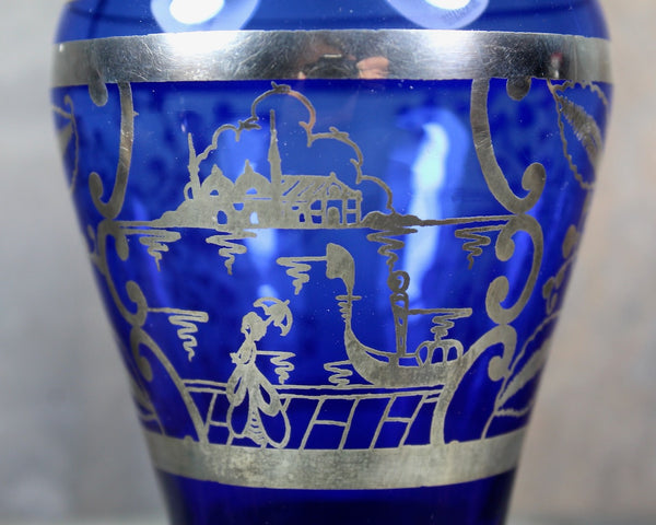 Vintage Cobalt Blue Small Vase with Silver Overlay | Cobalt Vase with Venetian Scene in Silver | 8 Ounce Vase | Bixley Shop
