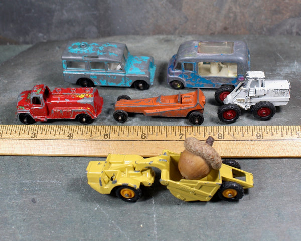 Set of 6 Vintage Die Cast Vehicles and 1 Lindberg Plastic Van| Tootsie Toys | Lesney | Michigan Scraper | Bixley Shop