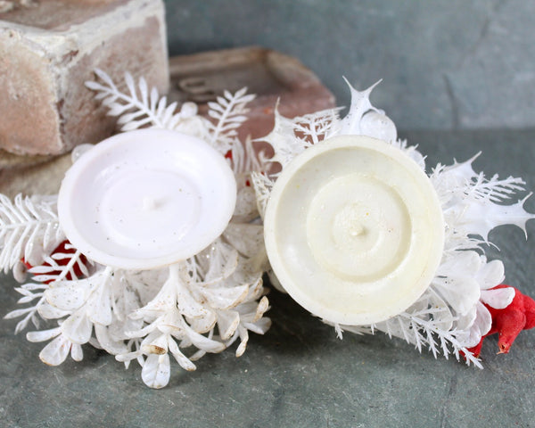 Vintage Christmas Candleholders - White Plastic Dime Store Candle Holders with Red Cardinals for Your Vintage Holiday Decor