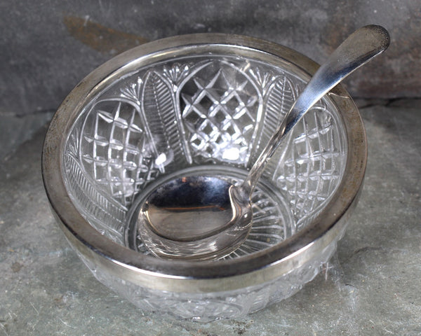 Vintage Pressed Glass Condiment Bowl with Silver Lip and Spoon | English Glass Bowls | Vintage Serving | Holiday Table