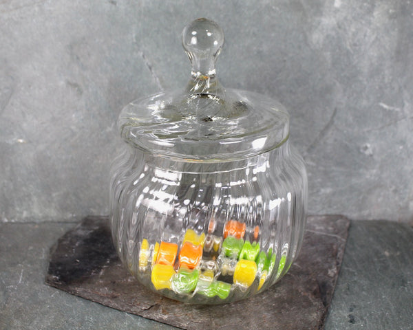 Vintage Glass Pumpkin-Shaped Candy Jar | Clear Glass Lidded Cookie Jar | Circa 1970s