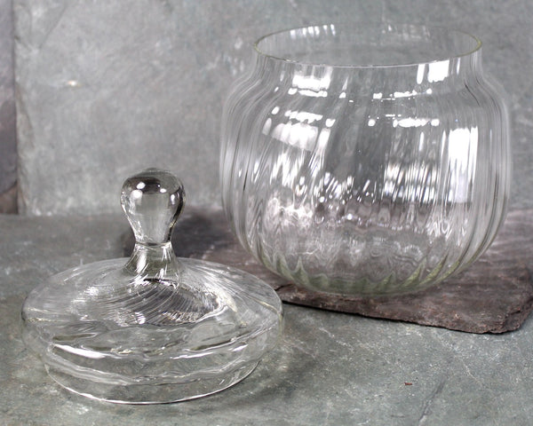 Vintage Glass Pumpkin-Shaped Candy Jar | Clear Glass Lidded Cookie Jar | Circa 1970s