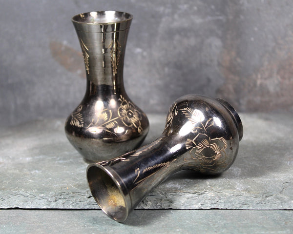 Pair of Vintage Indian Brass Bud Vases | Etched Brass Bud Vases | Vintage Patina
