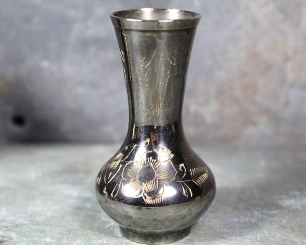 Pair of Vintage Indian Brass Bud Vases | Etched Brass Bud Vases | Vintage Patina