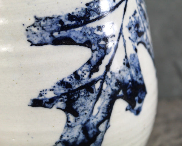 New England Pottery Vase | Blue Oak Leaf Pattern | American Pottery Folk Art | Hand Crafted, Painted, and Glazed | Signed