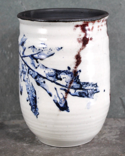 New England Pottery Vase | Blue Oak Leaf Pattern | American Pottery Folk Art | Hand Crafted, Painted, and Glazed | Signed