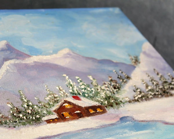 Original, Winter Landscape Oil Painting | Winterscape Cabin by the Lake | Unsigned | Unframed Original Art 16" x 12" | Bixley Shop