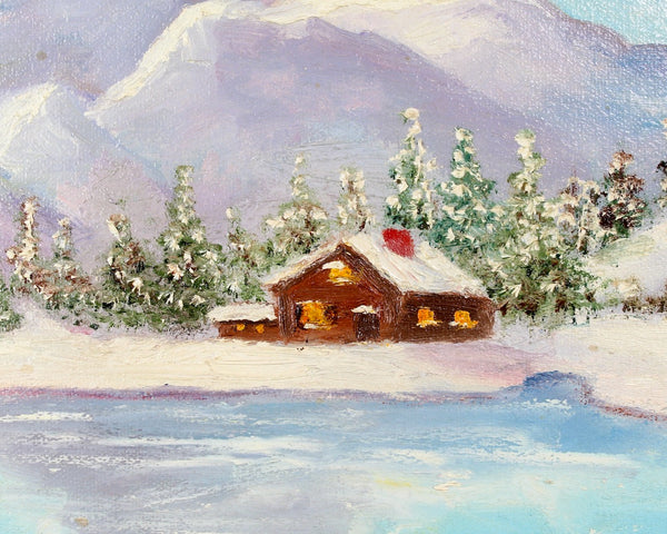 Original, Winter Landscape Oil Painting | Winterscape Cabin by the Lake | Unsigned | Unframed Original Art 16" x 12" | Bixley Shop