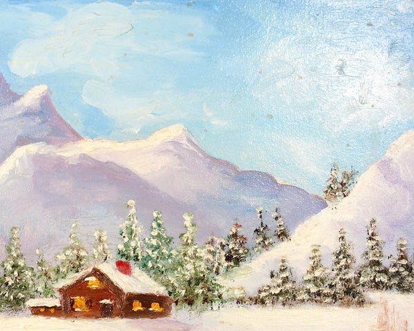 Original, Winter Landscape Oil Painting | Winterscape Cabin by the Lake | Unsigned | Unframed Original Art 16" x 12" | Bixley Shop