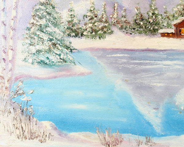 Original, Winter Landscape Oil Painting | Winterscape Cabin by the Lake | Unsigned | Unframed Original Art 16" x 12" | Bixley Shop