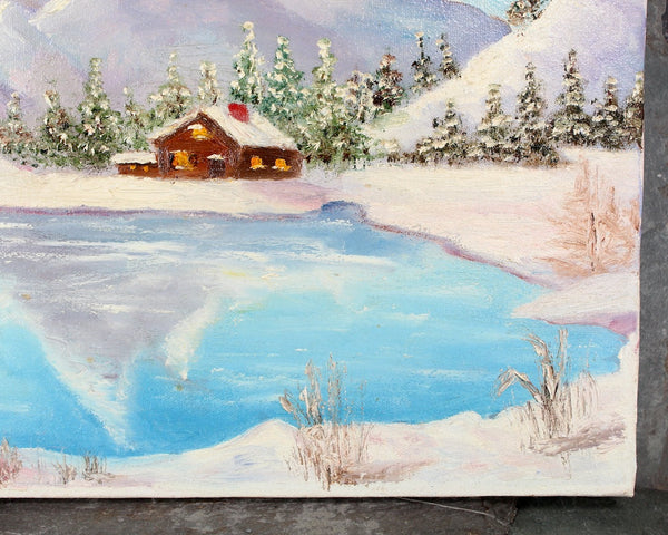 Original, Winter Landscape Oil Painting | Winterscape Cabin by the Lake | Unsigned | Unframed Original Art 16" x 12" | Bixley Shop