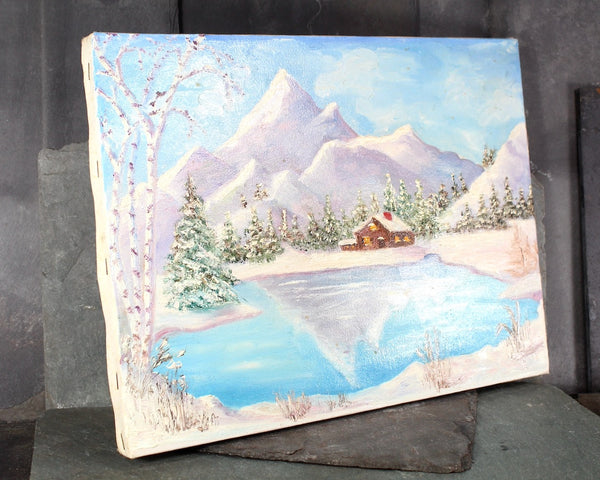 Original, Winter Landscape Oil Painting | Winterscape Cabin by the Lake | Unsigned | Unframed Original Art 16" x 12" | Bixley Shop