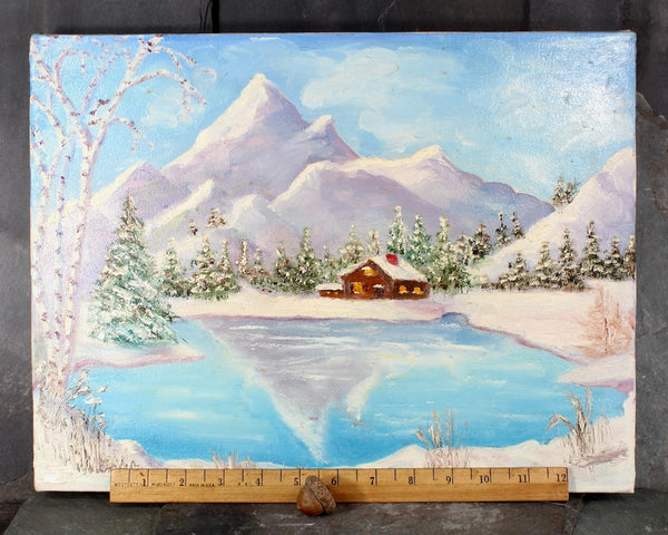 Original, Winter Landscape Oil Painting | Winterscape Cabin by the Lake | Unsigned | Unframed Original Art 16" x 12" | Bixley Shop