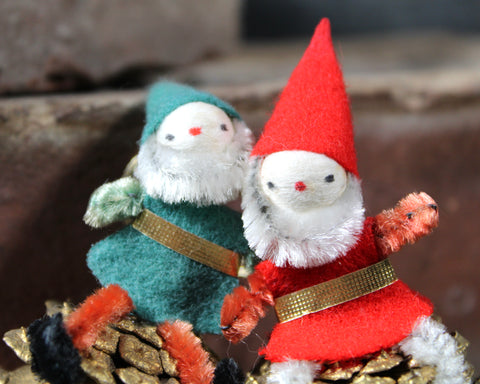 Vintage Christmas Pine Cone Character Ornaments | Set of 4 Spun Cotton Santas & Elves | Circa 1950s