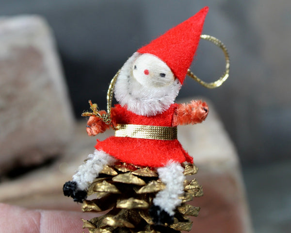 Vintage Christmas Pine Cone Character Ornaments | Set of 4 Spun Cotton Santas & Elves | Circa 1950s