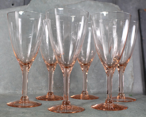 Set of 6 Mid-Century Pink Depression Glass Wine Glasses | Ribbed Pink Depression Glass |Fabulous Barware | 8 oz Wine Glasses | Bixley Shop