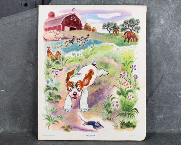 Set of 2 Vintage Playskool Puzzles | Cardboard Interlocking Puzzles in Cardboard Frame | Mailman and Puppy on Farm | Bixley Shop