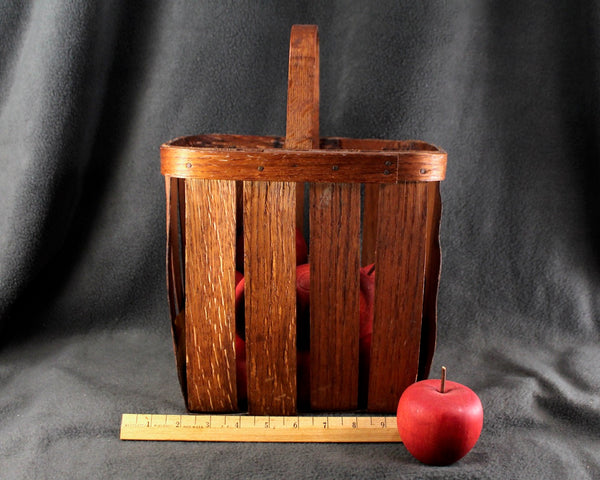 Vintage Slat Wood Tall Basket with Handle | Open Slat Basket | Unusual Shape - Tall Rectangular | Fruit Basket
