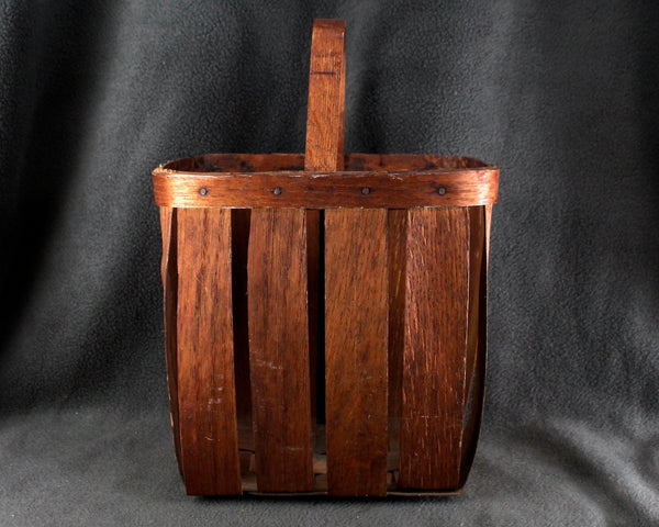 Vintage Slat Wood Tall Basket with Handle | Open Slat Basket | Unusual Shape - Tall Rectangular | Fruit Basket