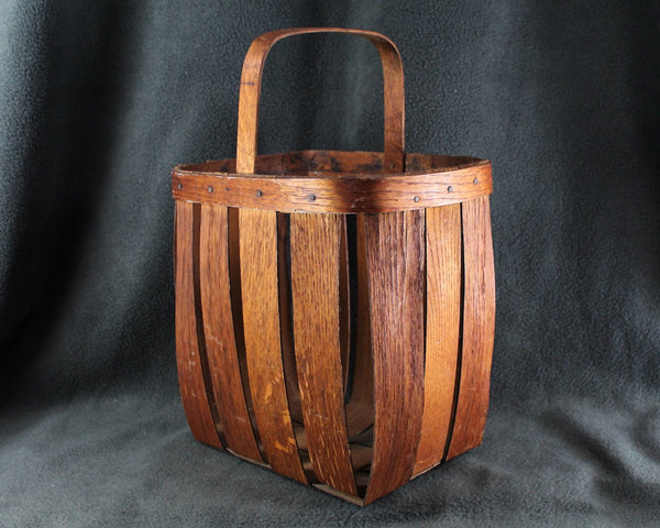 Vintage Slat Wood Tall Basket with Handle | Open Slat Basket | Unusual Shape - Tall Rectangular | Fruit Basket