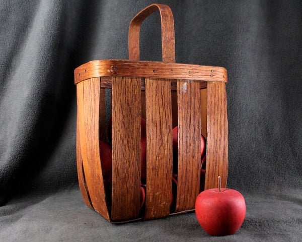 Vintage Slat Wood Tall Basket with Handle | Open Slat Basket | Unusual Shape - Tall Rectangular | Fruit Basket