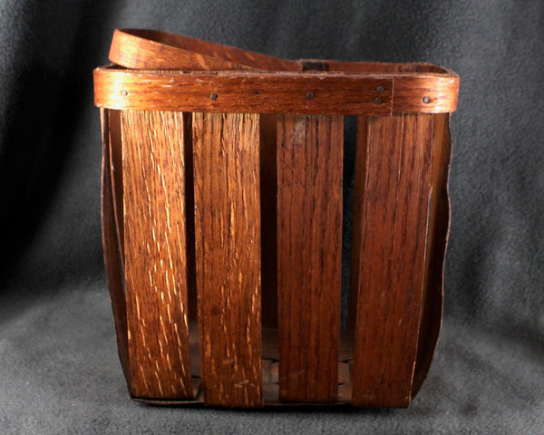 Vintage Slat Wood Tall Basket with Handle | Open Slat Basket | Unusual Shape - Tall Rectangular | Fruit Basket