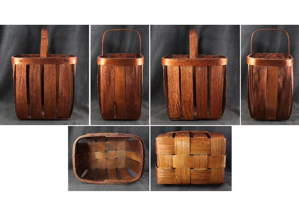 Vintage Slat Wood Tall Basket with Handle | Open Slat Basket | Unusual Shape - Tall Rectangular | Fruit Basket